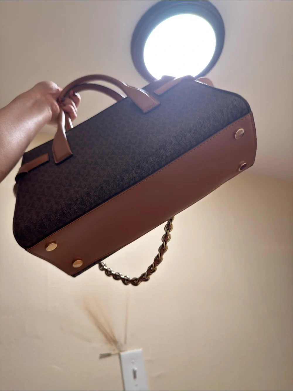 Michael Kors Carmen Medium Satchel Brown and Tan Signature w/ Gold Chain